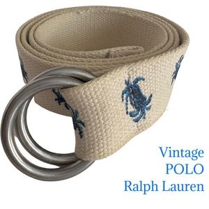 Rare vintage POLO Ralph Lauren Crab print Canvas ring belt ML ivory blue 🦀